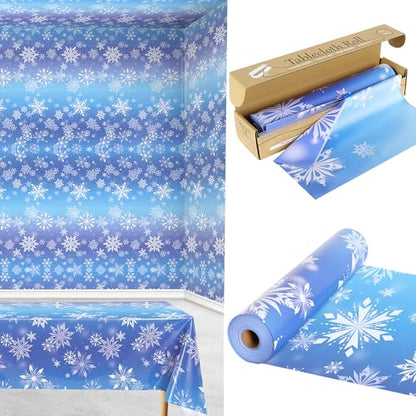 100FT x 54IN Snowflake Plastic Tablecloth Roll with Slide Cutter Box | Heavy Duty Disposable Blue & White Table Cover Wall Backdrop, Cut-to-size for Frozen Birthday Party Supplies - color: Blue and Purple Snowflake, size: 1200" x 54" (Rectangular)