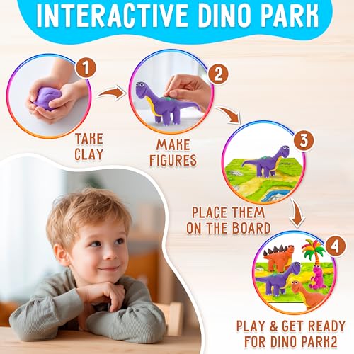 Air Dry Clay for Kids – Clay Dinosaur Kit with 20 Jars Tools Guide & Dino Park Play Board – DIY Arts and Crafts Modeling Kit for Kids Ages 4-8