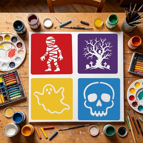 CUTHOLLOW 25PCS Halloween Pattern Elements Painting Shape Stencils Sets - 8 Inch Reusable&Washable Drawing Template, Different Primary Themed Sidewalk Chalk Art Stencils Kit for Craft Room Wall Paper - style: Halloween Elements