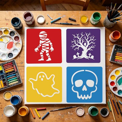CUTHOLLOW 25PCS Halloween Pattern Elements Painting Shape Stencils Sets - 8 Inch Reusable&Washable Drawing Template, Different Primary Themed Sidewalk Chalk Art Stencils Kit for Craft Room Wall Paper - style: Halloween Elements