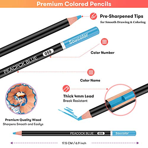 Soucolor 180 Colored Pencils Soft Core Color Pencil Set for Adult Coloring - color: 180 Colors with Tin Box