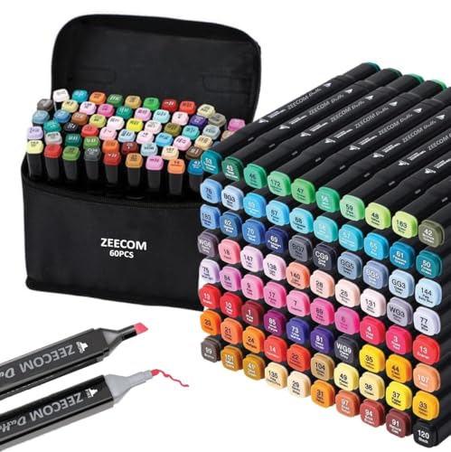 Alcohol Markers Set, 60 Colored Pens for Kids & Adults| Dual Tip Alcohol Markers with Brush Tip, Art Supplies & Coloring Marker for Drawing, Sketching & Illustration