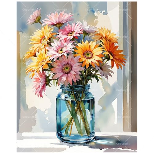 Floral Still Life Paint by Numbers Kit for Adults - DIY Colorful Gerbera Daisies in Blue Jar Painting on Canvas, Acrylic Paint Set for Beginners, Art for Home Decoration or Gifts(8X12IN Framed) - color: HSX00884, size: 8X12IN Framed