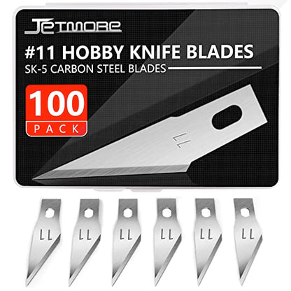 JETMORE 100 Pack Exacto Knife Blades, Hobby Knife Blades for Carving & DIY | Sharp SK5 edges come in a storage case, craft knife blades suit paper, vinyl and stencils, while hobby blades handle details - size: #11