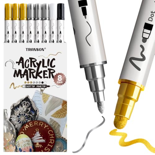 TRANSON 3 Gold, 3 Silver, 1 Black and 1 White Paint Markers Bold and Fine Dual-tip Acrylic Paint Marker Set for Rock Painting Glass Canvas Wood Leather Ceramic Painting - style: Bold and Fine 3 Gold 3 Silver 1 Black and 1 White