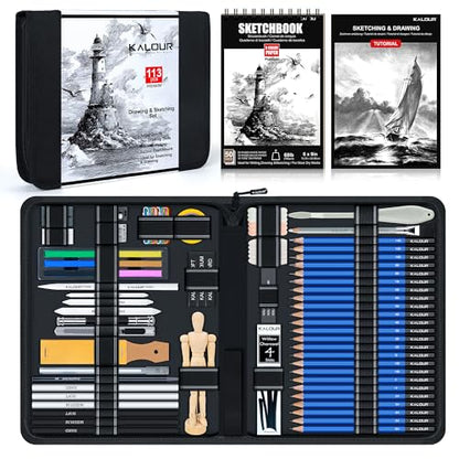 KALOUR 113PCS Drawing Set, Professional Sketching Kit with 3-Color Sketchbook,Graphite & Charcoal Pencils, Wooden Mannequin, Art Tools in Zipper Case, Art Supplies for Beginners & Artists Gift