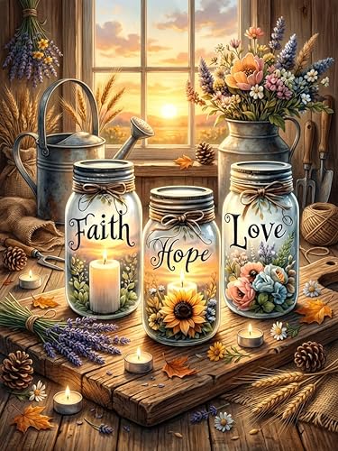 GMETNIC Diamond Art Kits for Adults- Diamond Painting Kits for Adults Beginners, 5D DIY Full Drill Round Rhinestone Gem Art Crafts Paintings for Home Wall Decor 12"x16" (Faith, Hope & Love Jars) - color: Faith, Hope & Love Jars