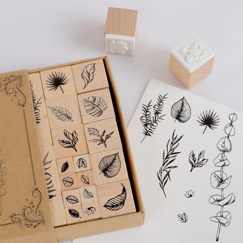 22 Pcs Plant Wooden Rubber Stamps Set, Wood Stamps for Journal, Diary, Scrapbook, Planner, Letter, DIY Craft, Card Making (Green Vitality) - color: Green Vitality