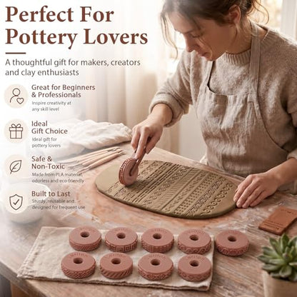 Leriton 11 Pcs Clay Texture Roller with Handle, 10 Patterns Texture Rollers for Clay, Pottery, Ceramics, 3D-Printed Polymer Tools for Home Decor DIY, Miniatures, Tabletop (Classic Style)