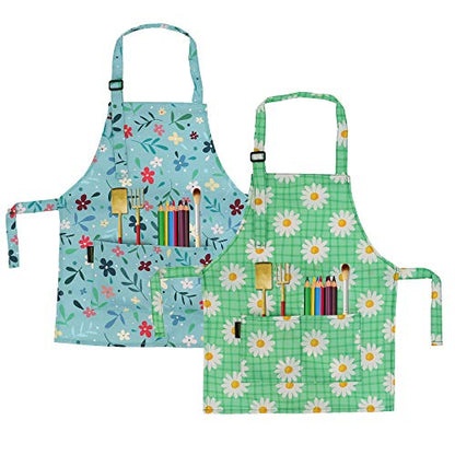 BeeGreen Kids Cooking Aprons 2 Pack, Adjustable Strap Toddler Art Apron with Front Pocket - color: Blue,green