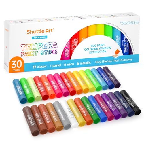Shuttle Art Tempera Paint Sticks 30 Colors, Kids Safe, Washable Mess-Free | Fast Drying Solid Paint Sticks, Works Smoothly and Creamy on Paper, Wood, Glass, Ceramic and Canvas for Kids Art Creation - color: 30 colours