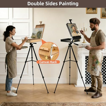 French Style Easel with Beech Wood & Aluminum Tripod | Light Weight Plein Air Easel- Adjustable Sketch box Tripod for Outdoor & Studio Painting, Sketching - color: Nature