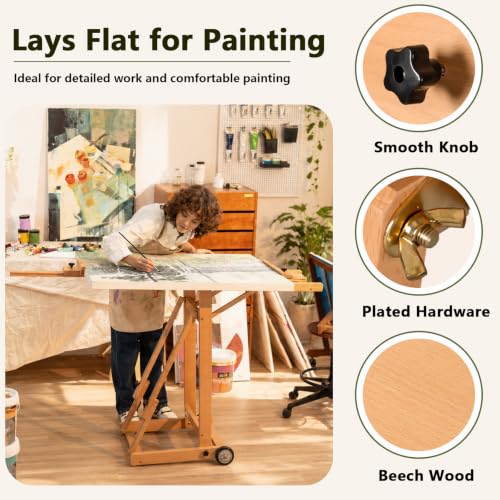 DJAR Large H-Frame Painting Easel for Adults, Solid Beech Wood, Natural | Movable & Tilting Flat Floor Stand, Holds Canvases up to 78", Adjustable Heavy Duty Studio Art Easel for Artists - style: Natural H-Frame Easel