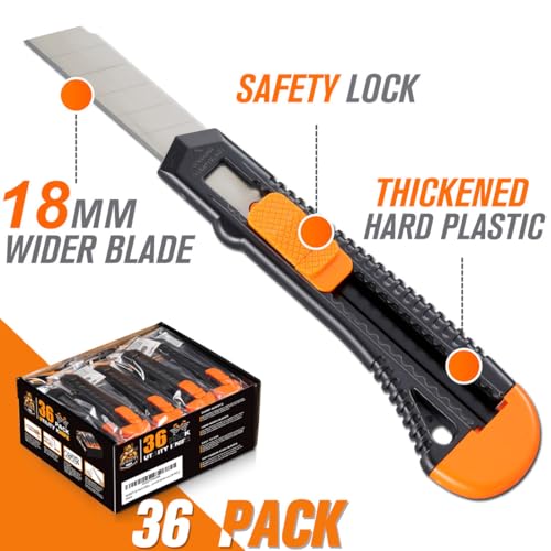 REXBETI 36-Pack Box Cutters, Retractable Utility Knife, 18mm Wide Blade | Razor Sharp Snap-Off Blade, Smooth Sliding Mechanism, Durable Cutter Knife for Cartons, Cardboard, Boxes, Office and Home - style: 36 Pack
