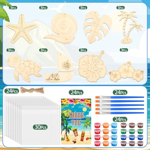Saypacck 24 Pcs Hawaiian Party Favors Wooden Paint Craft Kits | Summer Tropical Party, Wooden DIY Painting Activity Sets with Organza Bags, Goodie Bag Fillers for Kids Guests - style: Hawaiian