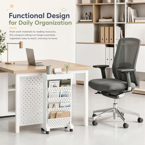 5-Tier Rolling Bookshelf Cart with Wheels, White - color: White, size: 5-Tier 26"H