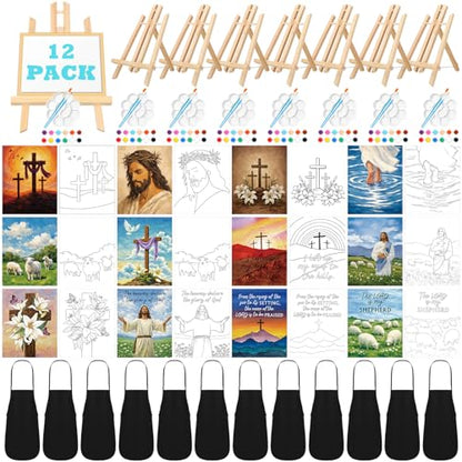 Motipuns 12 Set Jesus Pre Drawn Canvas for Paint for Adults | 8 x 10 Inch, Christian Sip and Paint Party, Cross Pre Printed Canvas with Easel Paint Brush Aprons, Religious Party Supplies - style: Jesus