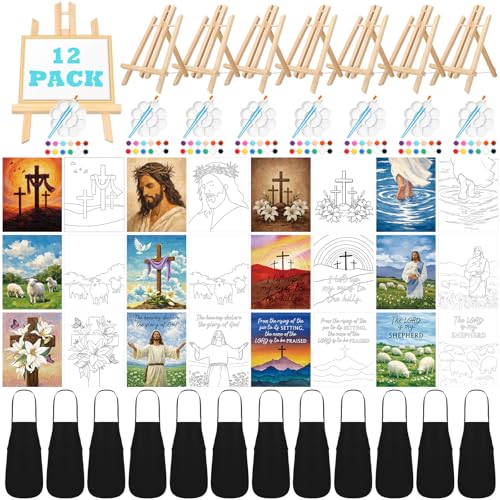 Motipuns 12 Set Jesus Pre Drawn Canvas for Paint for Adults | 8 x 10 Inch, Christian Sip and Paint Party, Cross Pre Printed Canvas with Easel Paint Brush Aprons, Religious Party Supplies - style: Jesus