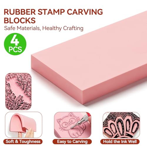 WAYCOM 18Pcs Linoleum Blocks for Printmaking: Linocut kit with Tools & Ink - 4x6 Rubber Carving Blocks - Art Craft Supplies for Beginners & Hobbyists - Gifts for Christmas/Birthday/Art Enthusiast - color: Pink-4 Carving Blocks