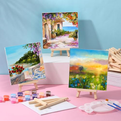 Motimind 36 Pcs 6 x 6 Mini Canvas and 8" Easel Set Bulk for Paint Party | Painting Art Crafts for Back to School Classroom Birthday Valentine Christmas Mother's Day End of School Year Gifts - size: 6 x 6 Inch