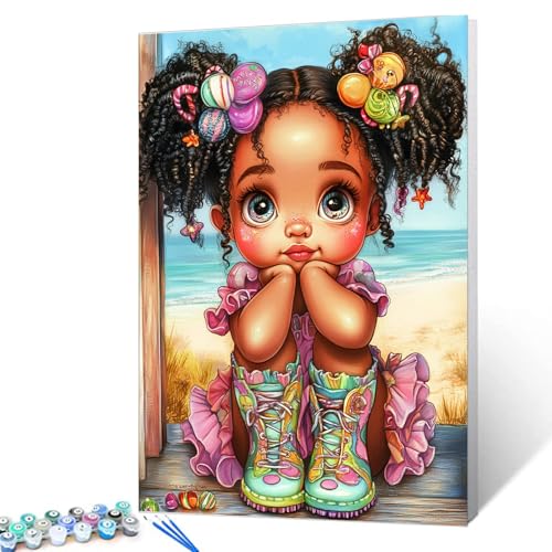 Tucocoo Adorable African Little Girl Paint by Numbers Kits 16x20 inch Canvas DIY Oil Painting for Adults with Brushes and Acrylic Pigment Sandy Beach Whimsical Art Picture for Home Decor (Frameless) - color: Artwork-08, size: 16''x20''(Without Frame)