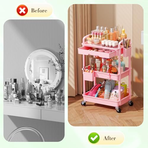 SUNALLY Makeup Cart Organizer with Drawer, 3 Tier Rolling Makeup Cart, Pink - color: Pink, size: 3 Tier