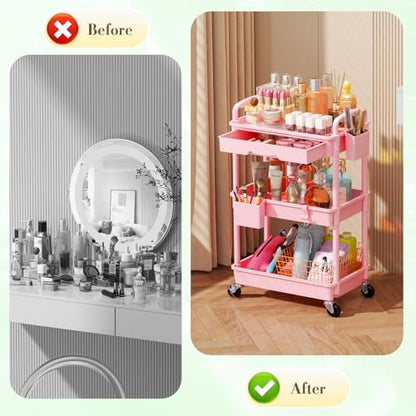 SUNALLY Makeup Cart Organizer with Drawer, 3 Tier Rolling Makeup Cart, Pink - color: Pink, size: 3 Tier