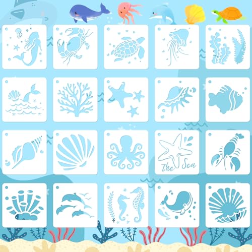 JULMELON 20 Pcs Summer Beach Stencils for Painting Ocean Sea Creatures | PET Plastic, Stencils for Rock Painting, Beach Stencils for Painting, Wood Wall Home Decor, 3 Inch Reusable Templates - style: Sea Life Stencils