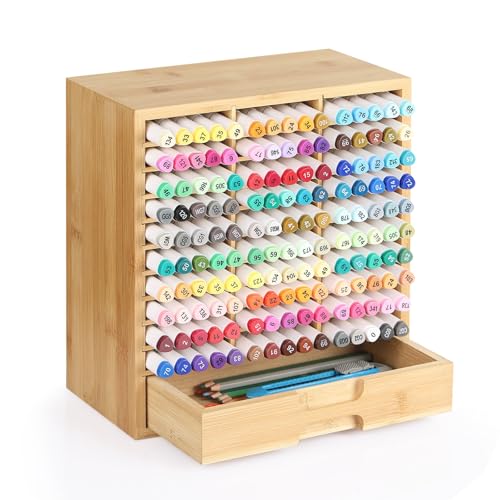 AUTOARK Bamboo Marker Organizer for 150 Markers,AHK-060 | Desktop Storage with Drawers,Art Markers Pens Pencils Brushes - size: 150 Markers