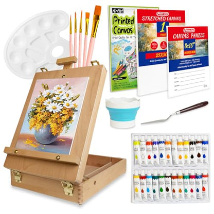 Portable Tabletop Easel Set 36-Piece Acrylic Paints Brushes Canvas DIY Pad | Wooden art kit with 24 acrylic paints, brushes, stretched canvas, storage box, non-toxic travel-friendly starter - size: art easel box-36pk