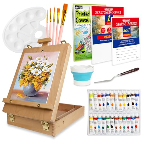 Portable Tabletop Easel Set 36-Piece Acrylic Paints Brushes Canvas DIY Pad | Wooden art kit with 24 acrylic paints, brushes, stretched canvas, storage box, non-toxic travel-friendly starter - size: art easel box-36pk