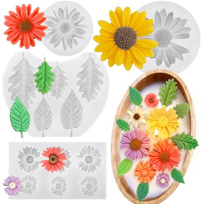 Daisy Candle Molds, Set of 4 Daisy Flower Molds with Leaf Molds - color: 4 PCS Daisy Molds with Leaf Mold