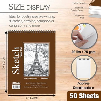 BAZIC Products Spiral Sketch Pad, Top Bound, 6 x 8 in, 50 Sheets, 48-Case - color: 50 Sheets - 6"x8", size: 48-Pack