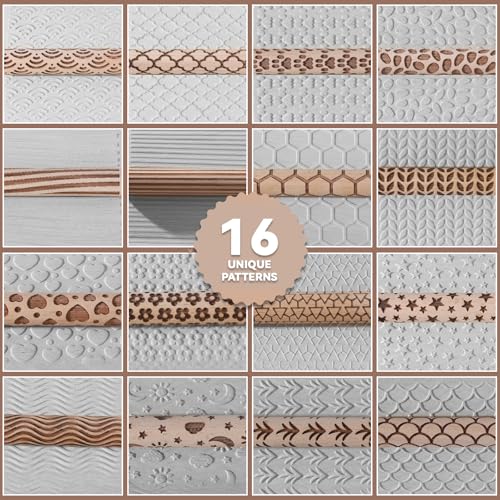 Conderyang 16Pcs Wooden Clay Texture Roller Set Clay Modeling Pattern Rollers Wooden Texture Rollers Wood Pottery Tools Pottery Tool Set for Artists Art Creation Ceramic DIY, 4In x 0.6In（Style 2) - color: Style 2