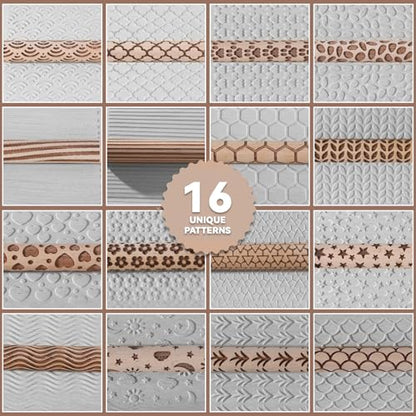 Conderyang 16Pcs Wooden Clay Texture Roller Set Clay Modeling Pattern Rollers Wooden Texture Rollers Wood Pottery Tools Pottery Tool Set for Artists Art Creation Ceramic DIY, 4In x 0.6In（Style 2) - color: Style 2