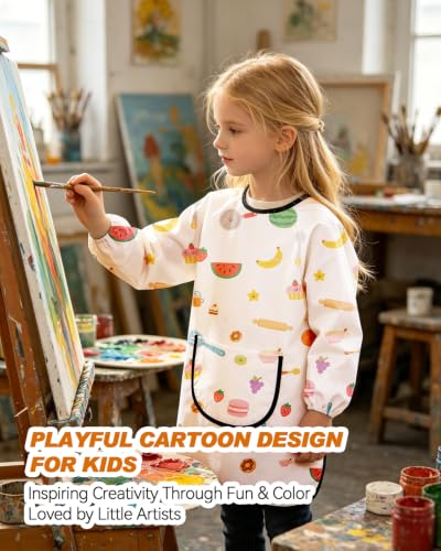 MINIQ Kids Art Smock,Waterproof Painting Apron Artist Smocks with Pocket Long Sleeves - color: Pink Kitchen Fun, size: XXXL for Age 8-14