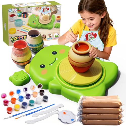 Pottery Wheel for Kids with Foot Pedal, Cute Dinosaur Kids pottery Kit - color: green