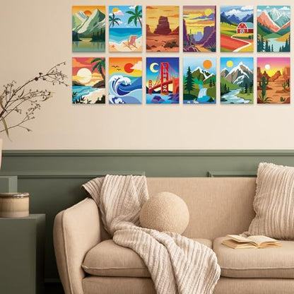 12 Packs Pre Drawn Canvas to Paint for Adults, Pre Printed Canvas for Kids, Pre Stretched Canvas Outline Painting Boards for Beginners, Students, Party Favor (5 * 7 inch, Landscape) - style: Landscape