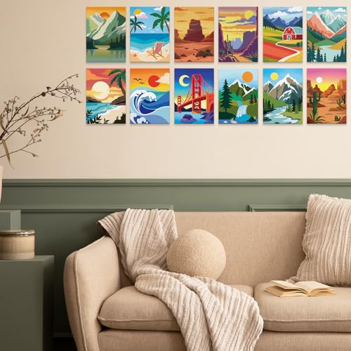12 Packs Pre Drawn Canvas to Paint for Adults, Pre Printed Canvas for Kids, Pre Stretched Canvas Outline Painting Boards for Beginners, Students, Party Favor (5 * 7 inch, Landscape) - style: Landscape