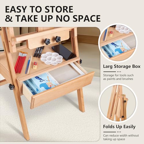 YOKUGO Beech Wood H-Frame Painting Easel with Storage Drawer, Natural | Heavy-duty Studio Easel, Adjustable Height & Angle Floor Easel Stand, Holds 30"-50" Canvas, Foldable Artist Easel for Adults - color: Natural
