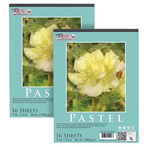 U.S. Art Supply 9" x 12" Pastel Paper Pad: 2 Pack (32 Sheet Total) | 80lb (180gsm), 4 Neutral Toned Colors, Textured Hard or Soft Oil Pastel Paper, Drawing Sketchbook Pad, Mixed Media
