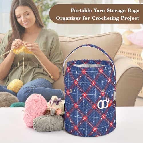 Blue Retro Plaid Stars Yarn Bag Small Crochet Bag Drawstring Yarn Storage Organizer Knitting Project Bags Potable Yarn Holder with Holes Handle Crocheting Needles Knitting Accessories - color: Blue Retro Plaid Stars