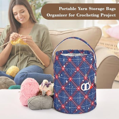 Blue Retro Plaid Stars Yarn Bag Small Crochet Bag Drawstring Yarn Storage Organizer Knitting Project Bags Potable Yarn Holder with Holes Handle Crocheting Needles Knitting Accessories - color: Blue Retro Plaid Stars
