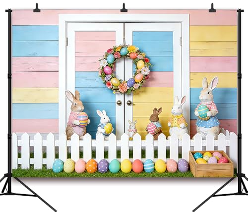 7x5FT Easter Backdrop Colorful Wooden Walls with Bunny Egg Garland White Fence Background for Spring Themed Baby Birthday Shower Party Decor Vinyl - color: white fence