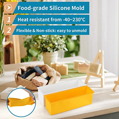 2 Pcs Loaf Soap Mold with Plastic Box, Flexible Silicone Rectangular Mold 42oz, Swirl Making Tool for DIY Soap, Handmade Candles, Resin Casting, Homemade Desserts (Yellow) - color: Yellow