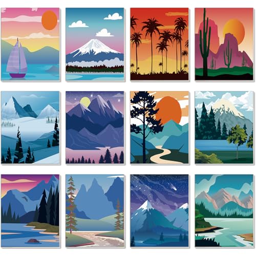 Sherr 12 Pcs Pre Drawn Canvas Pre Printed Canvas Set for Adults Cute Printed to Paint Set Theme Painting for Summer Party Favor(Landscape,8 x 8 Inch) - size: 8 x 8 Inch, style: Landscape