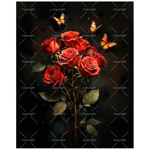 Floral Paint by Numbers Kit for Adults – DIY Red Roses and Butterflies Painting on Canvas 16x20 Inches, Acrylic Paint Set, Suitable for Beginners, Flower Art for Home Decoration or Gifts - color: HSX01126, size: 16X20IN Folded
