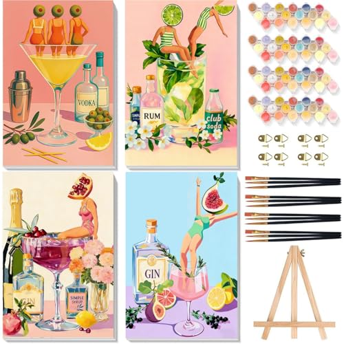 4 Pack Cocktail Paint by Numbers for Adults with Framed Canvas 8x12 inch - color: BKH2317+BKH2318+BKH2319+BKH2320-US