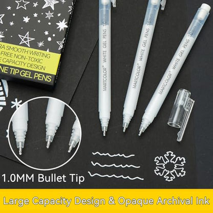 MARTCOLOR White Gel Pens, 3 Pack 1.0mm Extra Fine Point White Gel ink Pens | Opaque Archival Ink Pen for Black Paper Drawing, Art Highlight, Illustration, Bullet Journaling, Card Making & DIY Projects - style: White - 1.0mm
