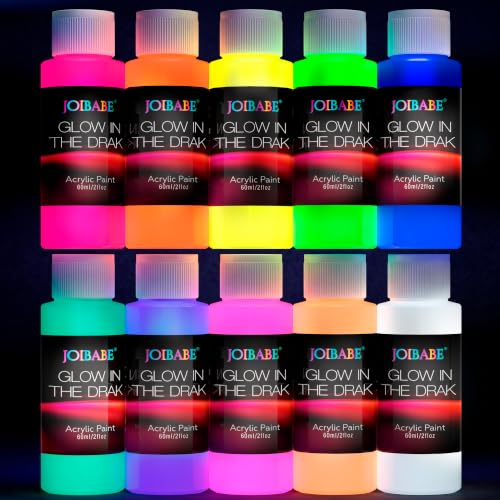 Glow in the Dark Acrylic Paint Set, 24 Pack, 10 Colors | 60ml Large Bottles, 10 Brushes, Palette & 3 Spatulas, Luminous Neon Paint Kit, For Canvas Wood Ceramic Wall DIY Crafts